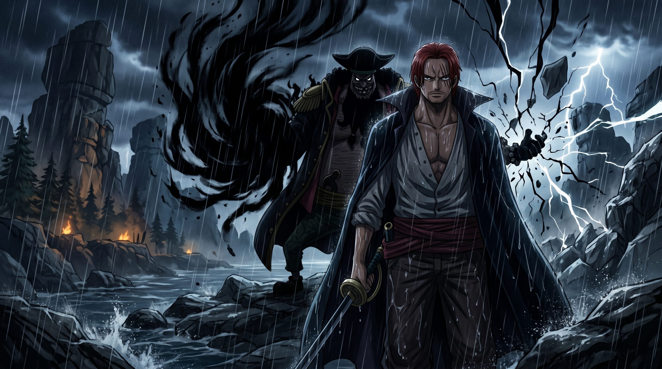 Shanks One Piece death explained standing in Elbaph rain with Blackbeard shadows