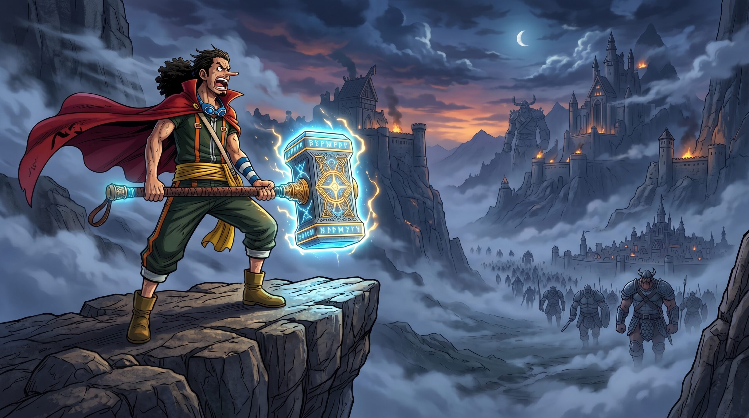 Usopp Elbaph power up explained standing on a cliff with a mythical hammer